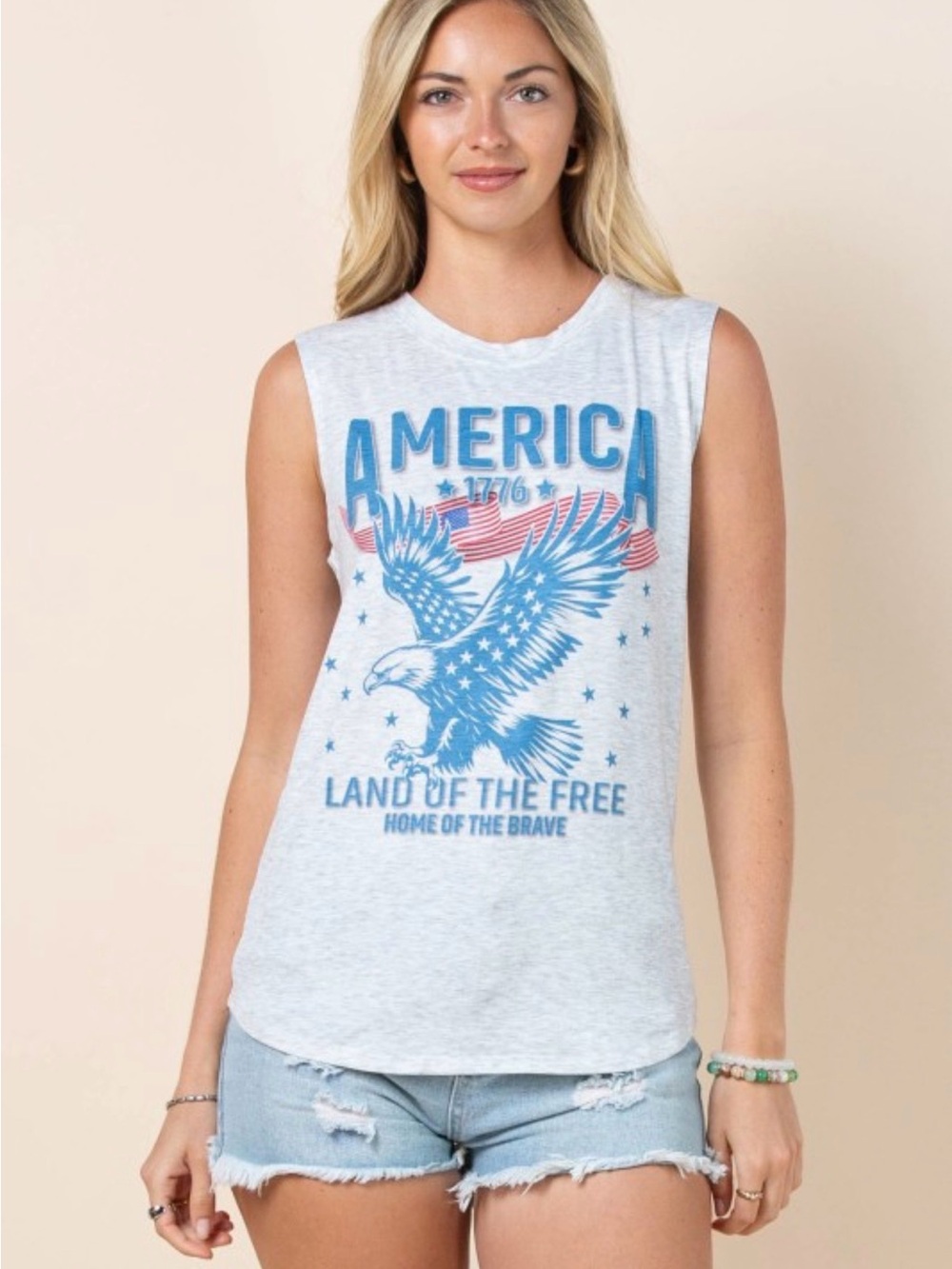 Avery Heather Gray 'America' Graphic Tank with Blue & Red Print